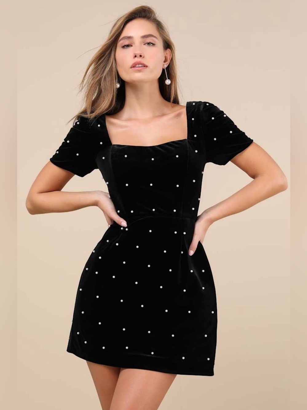 Lulus Luxe Possibilities Black Velvet Pearl Mini Dress Size XL NWT